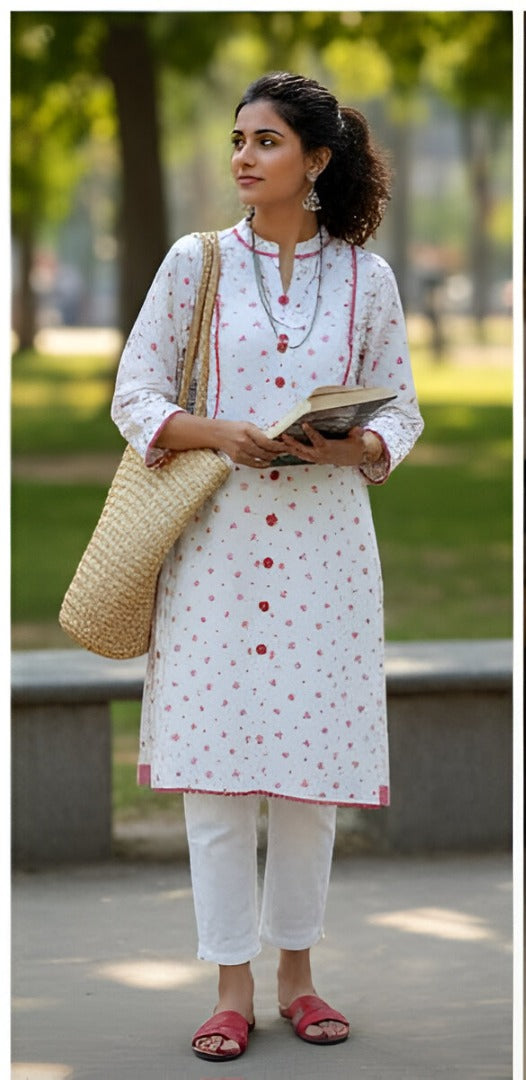 White Kurti with Pink Floral Prints & Lace Detailing - By Seyhan