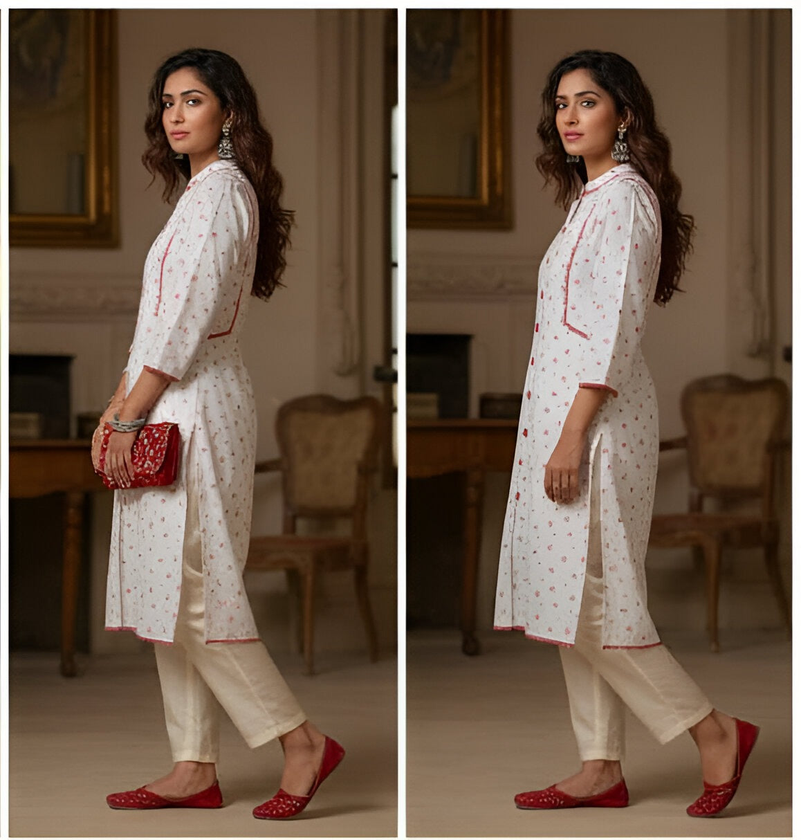 White Kurti with Pink Floral Prints & Lace Detailing - By Seyhan