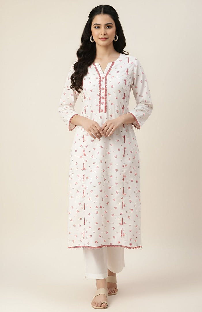 Stunning White Kurti with Pink Floral Lace - By Seyhan