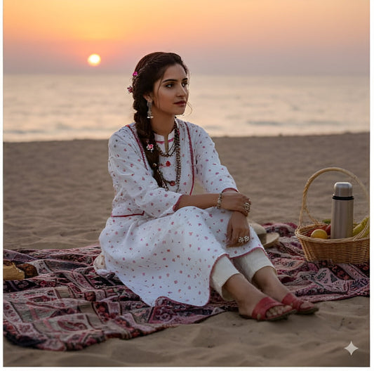 White Kurti with Pink Floral Prints & Lace Detailing - By Seyhan