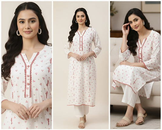 Stunning White Kurti with Pink Floral Lace - By Seyhan