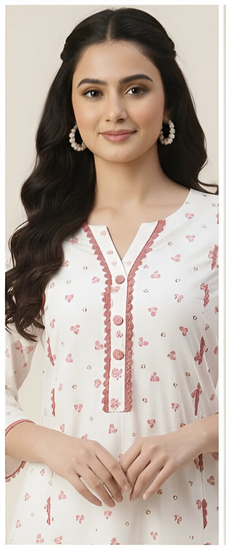 Stunning White Kurti with Pink Floral Lace - By Seyhan