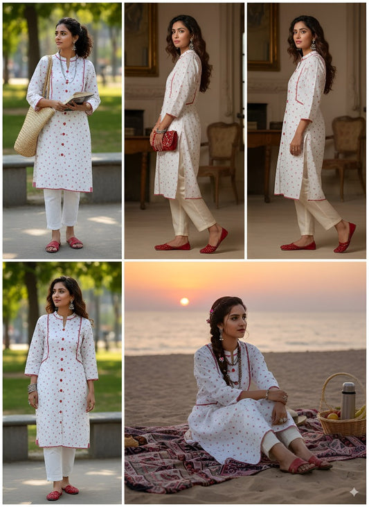 White Kurti with Pink Floral Prints & Lace Detailing - By Seyhan