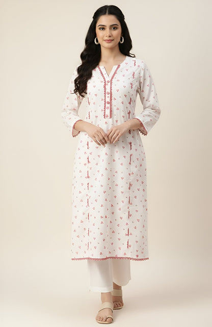 Stunning White Kurti with Pink Floral Lace - By Seyhan