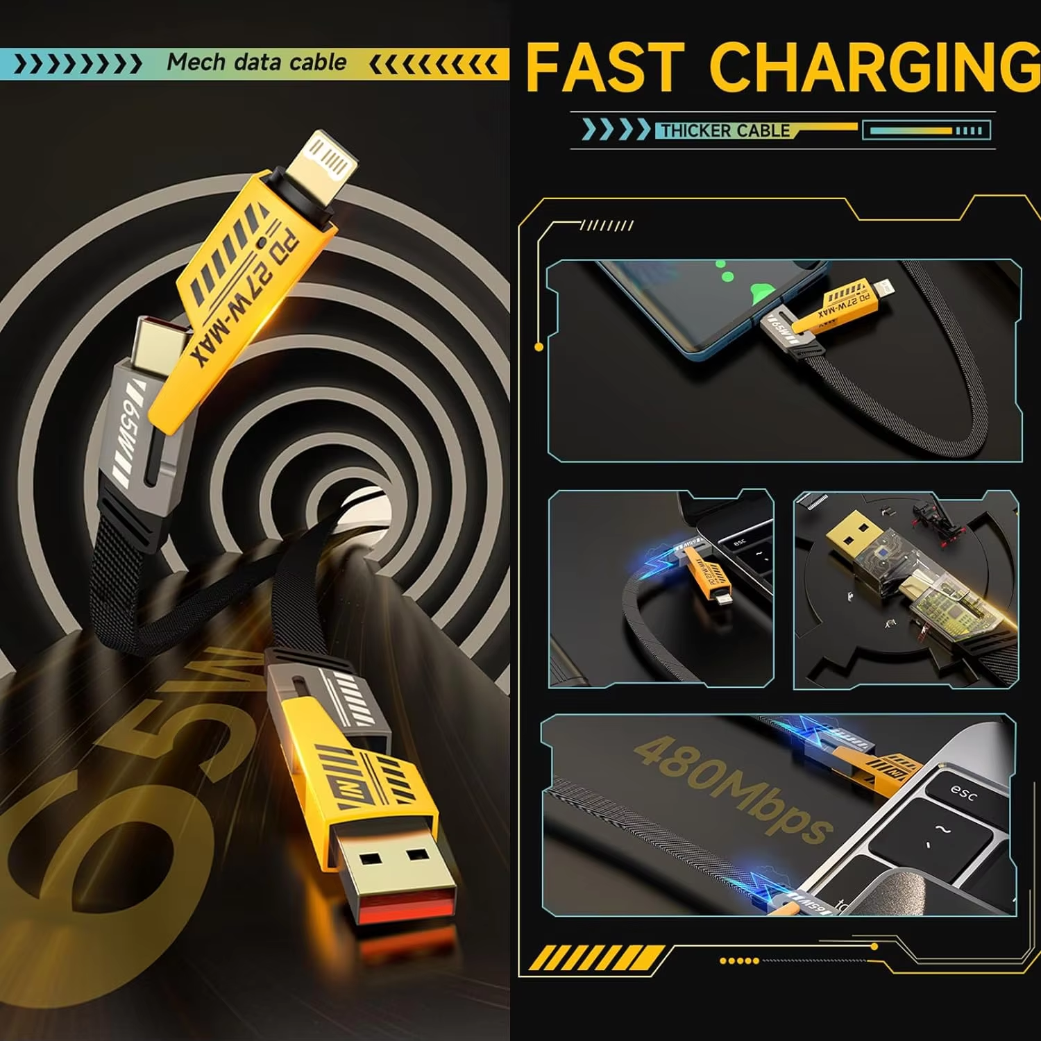 4-in-1 Fast Charging Cable | Universal PD 27W/65W USB-C - By Seyhan