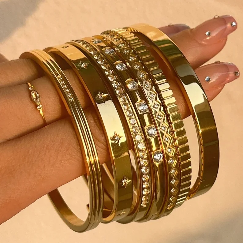 Women’s Open Cuff Bracelet – 18K Gold Plated CZ Star Stackable Bangle