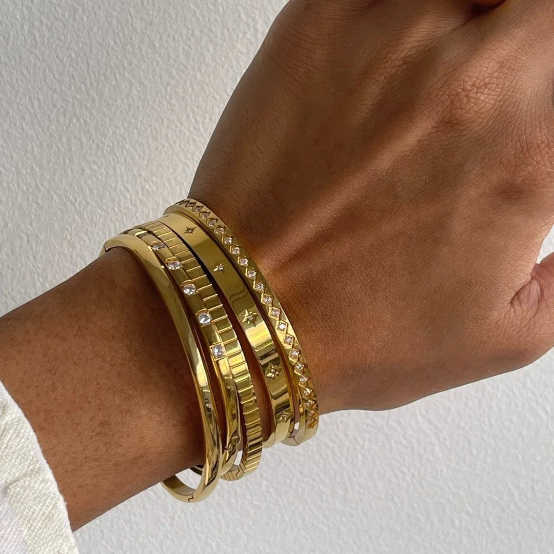 Women’s Open Cuff Bracelet – 18K Gold Plated CZ Star Stackable Bangle - Image 3